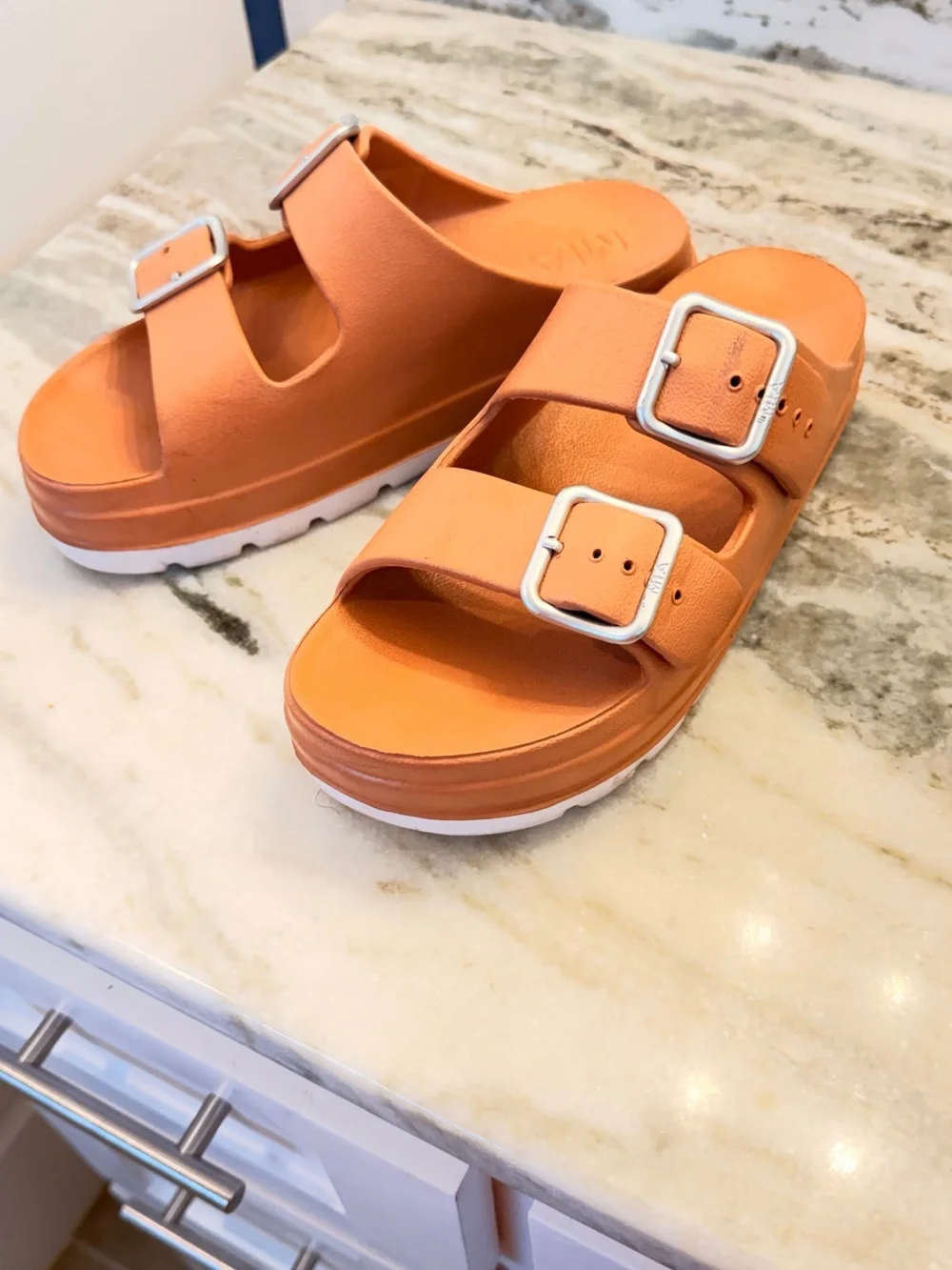 MIA Tan Double-Buckle Platform Slide Sandals
